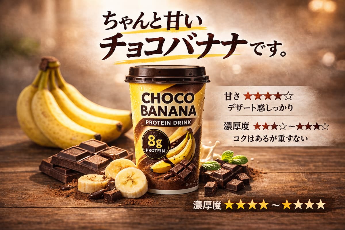 ファミリーマートのチョコバナナ風味たんぱく質ドリンク(8gプロテイン)実飲レビュー用アイキャッチ画像