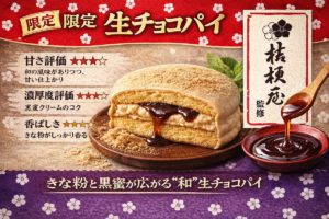 ロッテ 生チョコパイ 桔梗信玄きな粉黒蜜の和風イメージ画像。きな粉ケーキと黒蜜ホイップの断面を表現したビジュアル