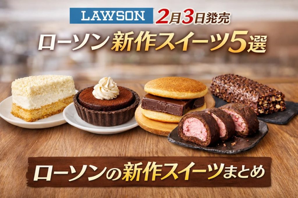 2月3日に発売されるローソンの新作スイーツ5品を並べたシンプルなイメージ画像。盛りすぎチーズケーキ、生チョコタルト、板チョコパンケーキ、もち食感ロール、増量クランチチョコを紹介。