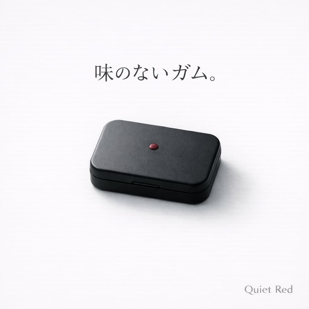 白い背景に置かれたマットブラックの缶ケース。中央に小さな赤いドットがあり、「味のないガム」という静かなコンセプトを表現したイメージ画像。