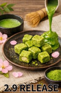 抹茶チョコレートがしみ込んだラスクを皿に盛り付けたイメージ。桜の風味をイメージした春らしい抹茶チョコラスク。