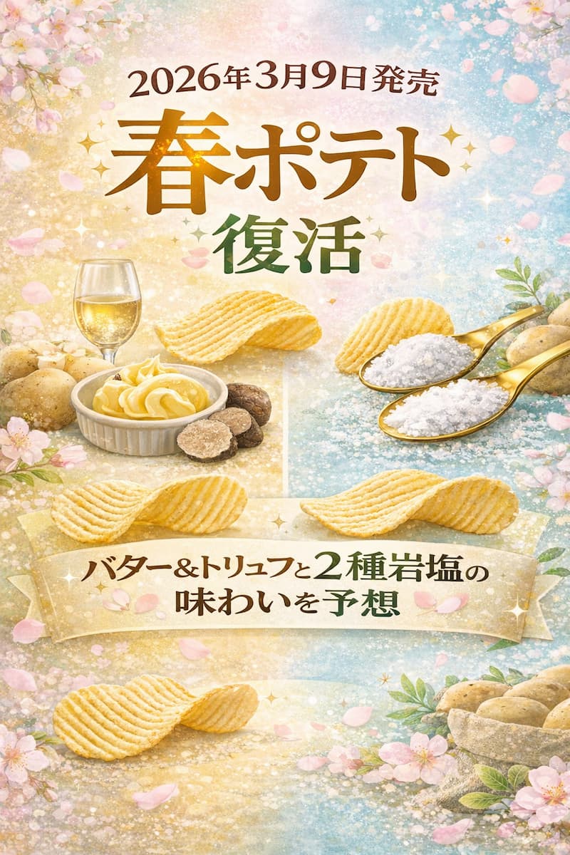 2026年3月9日発売の春限定ポテトチップス特集アイキャッチ。厚切りポテトとバター、トリュフ、2種の岩塩をイメージした春色デザイン。