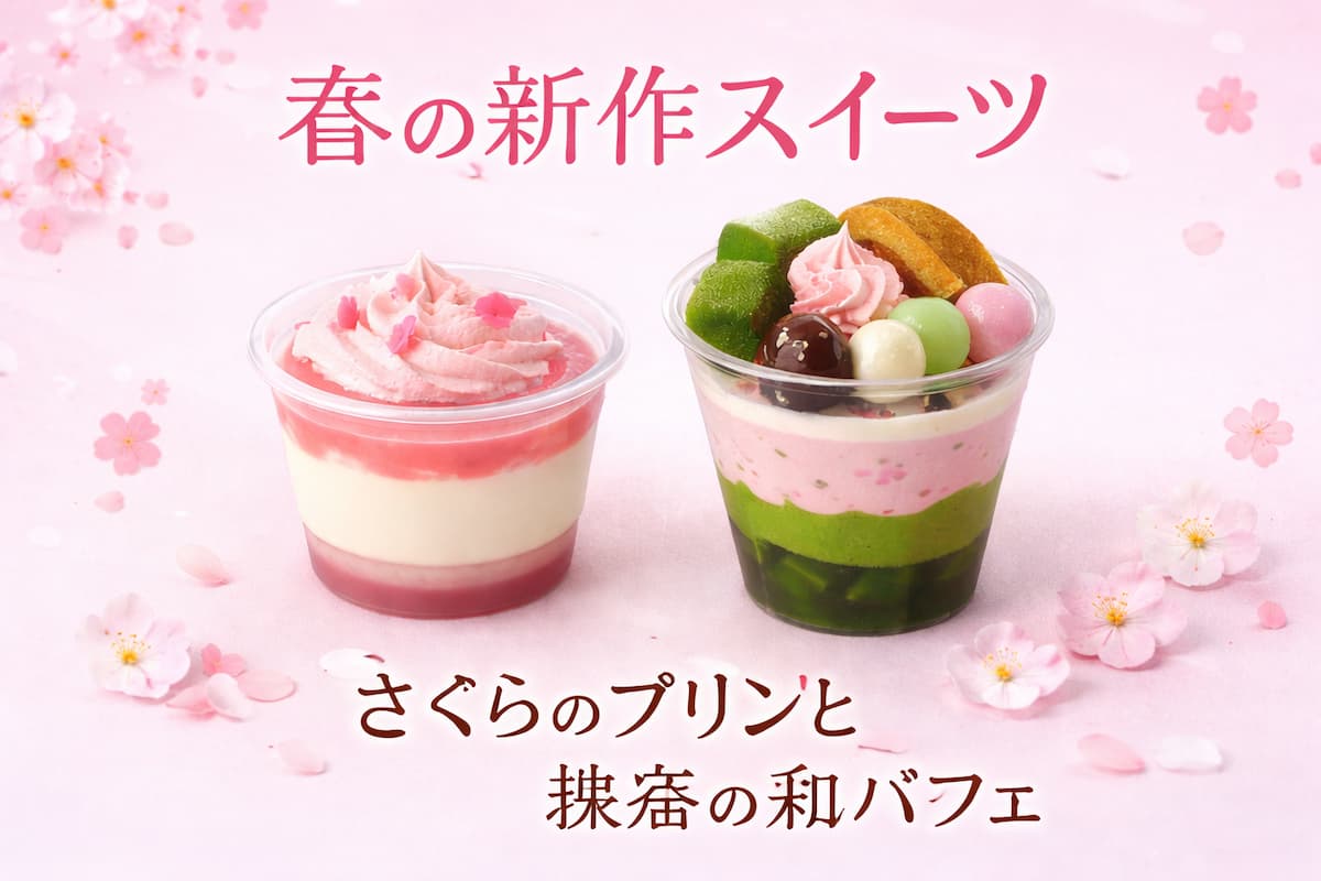 春をイメージしたさくらミルクプリンと宇治抹茶の和パフェを並べたシンプルなアイキャッチ画像。ピンク背景に桜の装飾をあしらったデザイン。