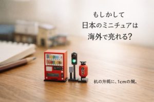 日本の自販機や信号機、屋台のミニチュアを机の上に並べた朝の光のイメージ