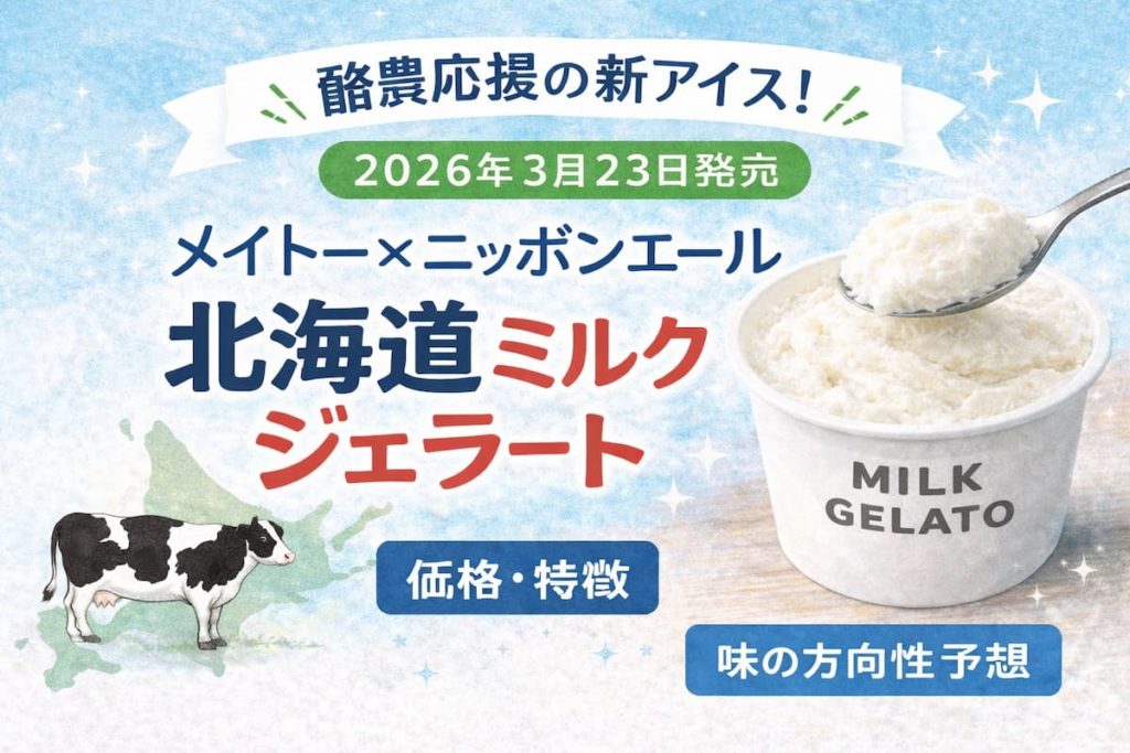 メイトー×ニッポンエール北海道ミルクジェラートのアイキャッチ画像。北海道をイメージした背景に、ミルクジェラートのカップとスプーンですくったアイスを配置し、発売日や特徴を紹介しているデザイン。