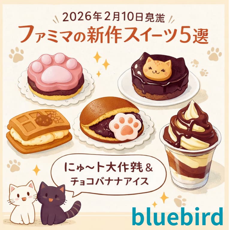 2026年2月10日発売のファミリーマート新作スイーツ5品をイメージしたシンプルなアイキャッチ画像。猫モチーフのタルトやどら焼き、チョコバナナアイスをやさしい色合いで表現。