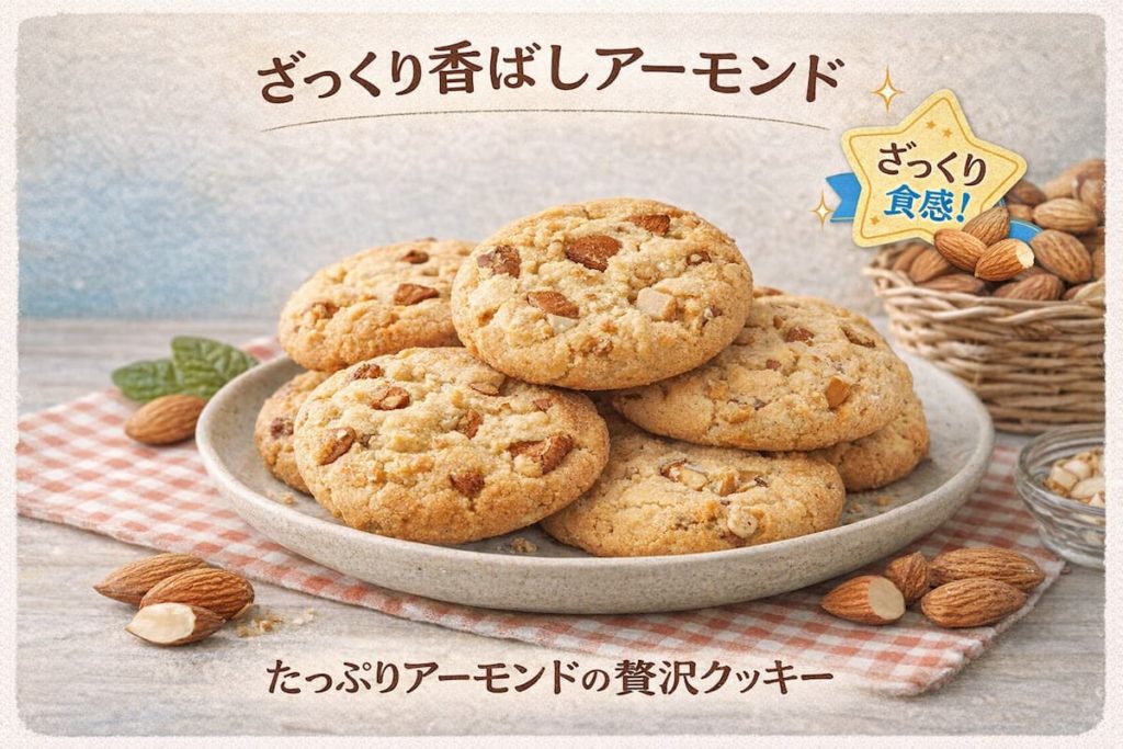 森永製菓のアーモンドクッキーシリーズ新商品。アーモンドクッキー＜キャラメル＞とアーモンドガレットサンドを紹介するイメージ画像。