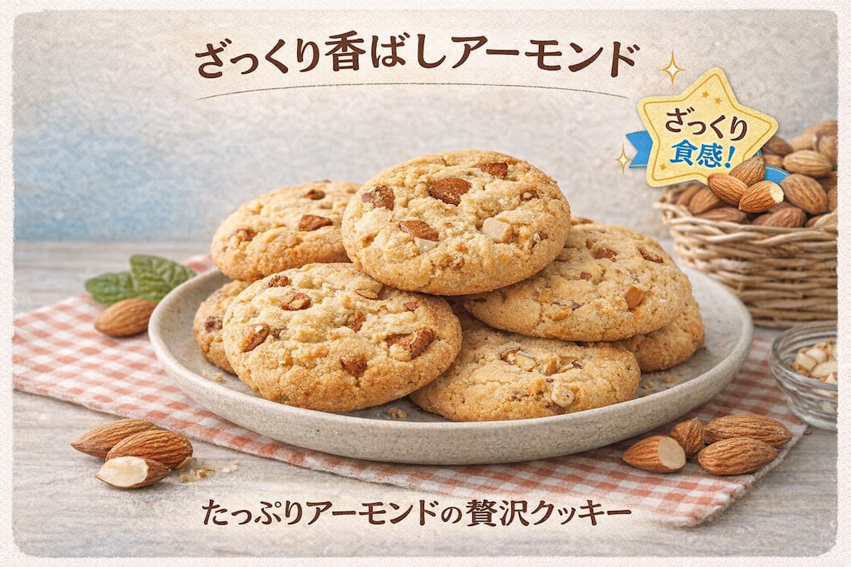 森永製菓のアーモンドクッキーシリーズ新商品。アーモンドクッキー＜キャラメル＞とアーモンドガレットサンドを紹介するイメージ画像。