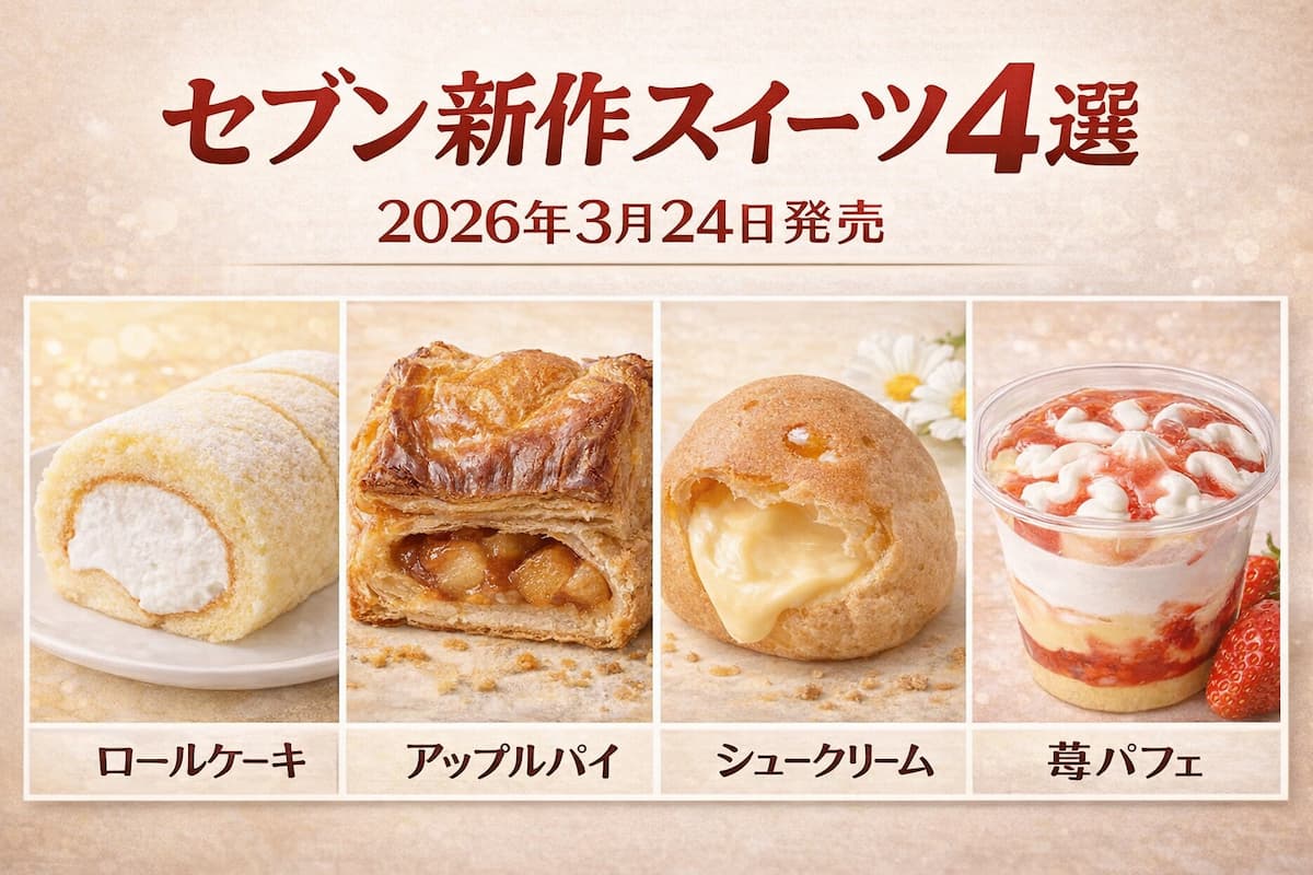 セブンイレブン新作スイーツ4選のアイキャッチ画像。ロールケーキ、アップルパイ、シュークリーム、苺パフェを並べた比較ビジュアル