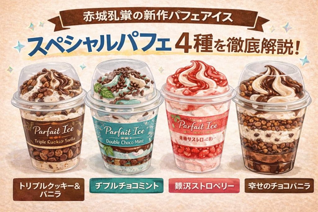 赤城乳業の新作アイス「スペシャルパフェ」4種類（幸せのチョコバニラ・贅沢ストロベリー・ダブルチョコミント・トリプルクッキー＆バニラ）をまとめたアイキャッチ画像