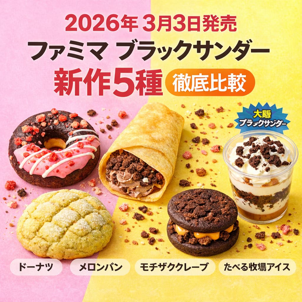 2026年3月3日発売のファミリーマート「ブラックサンダー」新作5種（ドーナツ・メロンパン・モチザククレープ・クッキーサンド・たべる牧場アイス）をまとめた比較アイキャッチ画像