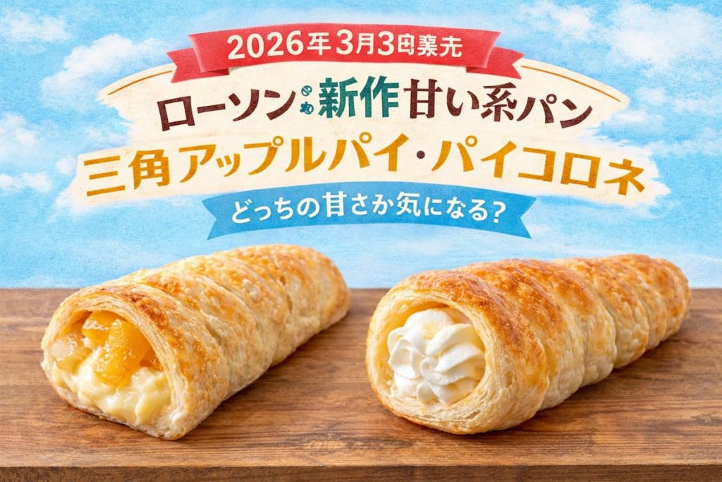 2026年3月3日発売のローソン新作、ゴロっとりんごの三角アップルパイとパイコロネ北海道産牛乳入りホイップを並べたアイキャッチ画像