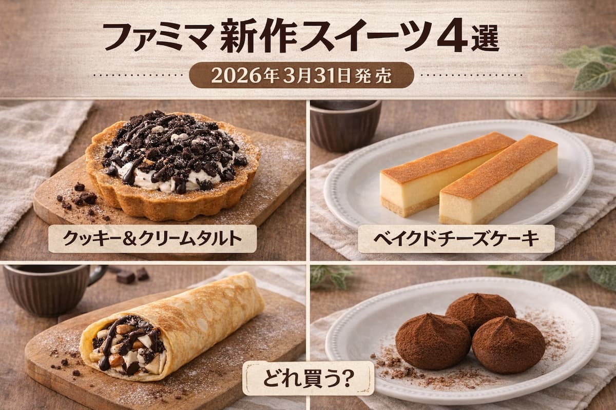 ファミリーマートの2026年3月31日発売新作スイーツ4選（クッキー＆クリームタルト・チョコバナナクレープ・生チョコトリュフ・ベイクドチーズケーキ）のまとめ画像