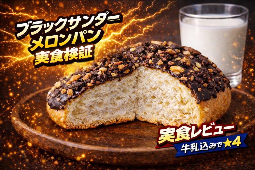 ブラックサンダーメロンパンの断面写真。上部にビスケットとチョココーティングがのり、ザクザク食感が特徴の実食レビュー用画像。