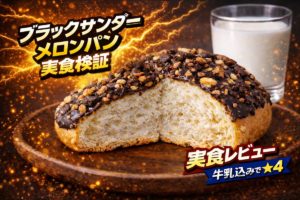 ブラックサンダーメロンパンの断面写真。上部にビスケットとチョココーティングがのり、ザクザク食感が特徴の実食レビュー用画像。