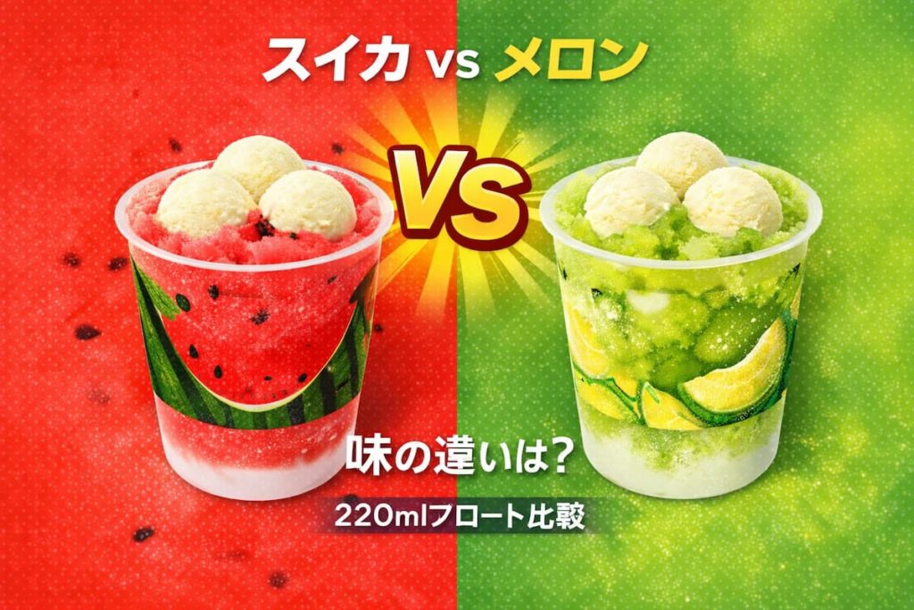 スイカ味とかき氷フロートの比較イメージ。赤と緑の背景に220mlサイズのスイカ風味とメロン風味のカップアイスを並べた対比ビジュアル。