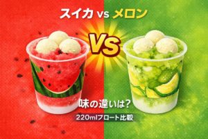 スイカ味とかき氷フロートの比較イメージ。赤と緑の背景に220mlサイズのスイカ風味とメロン風味のカップアイスを並べた対比ビジュアル。