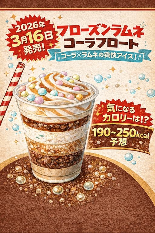フローズンラムネ コーラフロートのインフォグラフィック。コーラ×ラムネの爽快フロート風アイスとカロリー予想を紹介