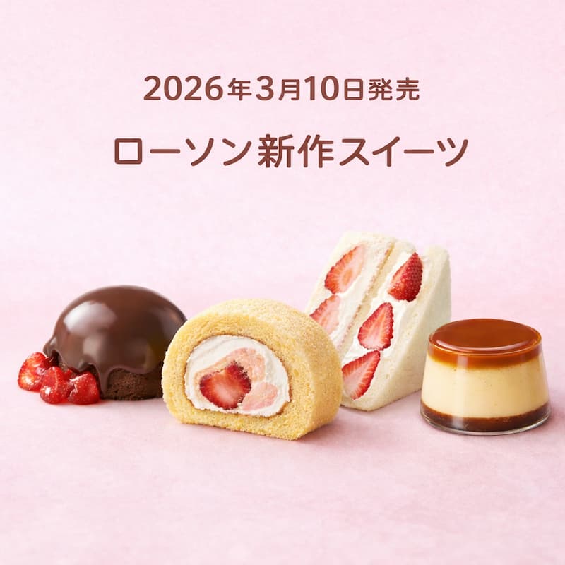 2026年3月10日発売のローソン新作スイーツまとめ。ICHIBIKOコラボのいちごクッキーシュー、ショコラドームいちご、いちごロールケーキ、苺ホイップサンド、黒糖ミルクティープリンのイメージ