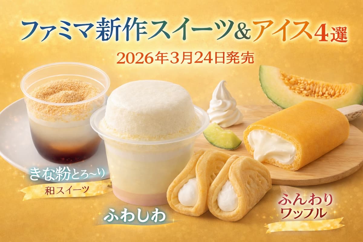 ファミリーマート新作スイーツ&アイス4選のアイキャッチ画像。白いスフレプリン、とろけるわらび餅、ふんわりワッフル、メロンソフトクリームバーを並べた比較ビジュアル