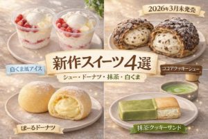 2026年3月末発売の新作スイーツ4選（白くま風アイス・ココアクッキーシュー・ぼーるドーナツ・抹茶クッキーサンド）をまとめたアイキャッチ画像