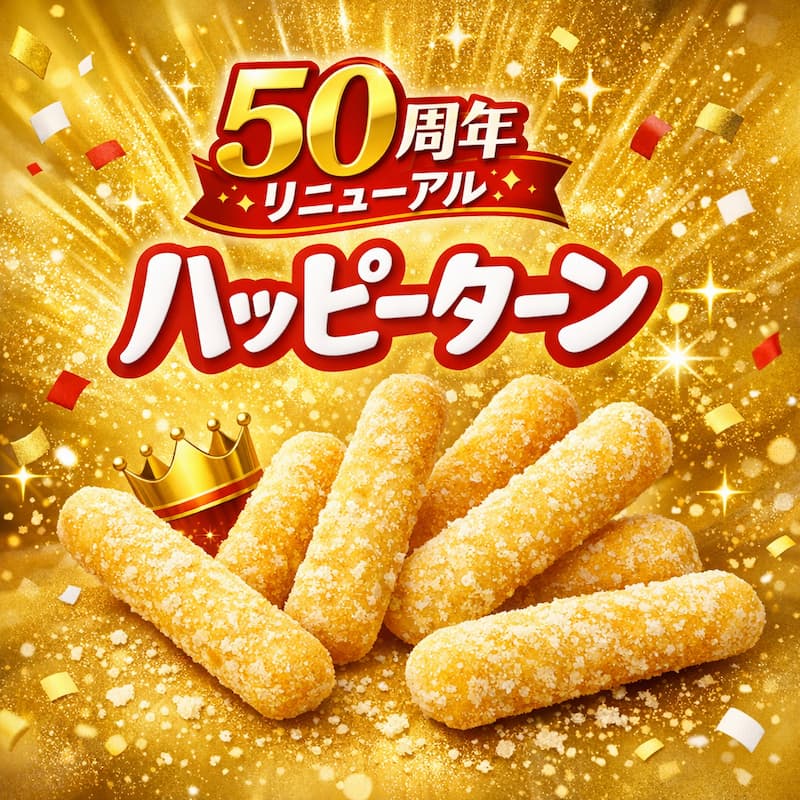 ハッピーターン50周年リニューアルをイメージしたアイキャッチ画像。粉がかかったスナックとゴールド背景で新商品の登場を表現