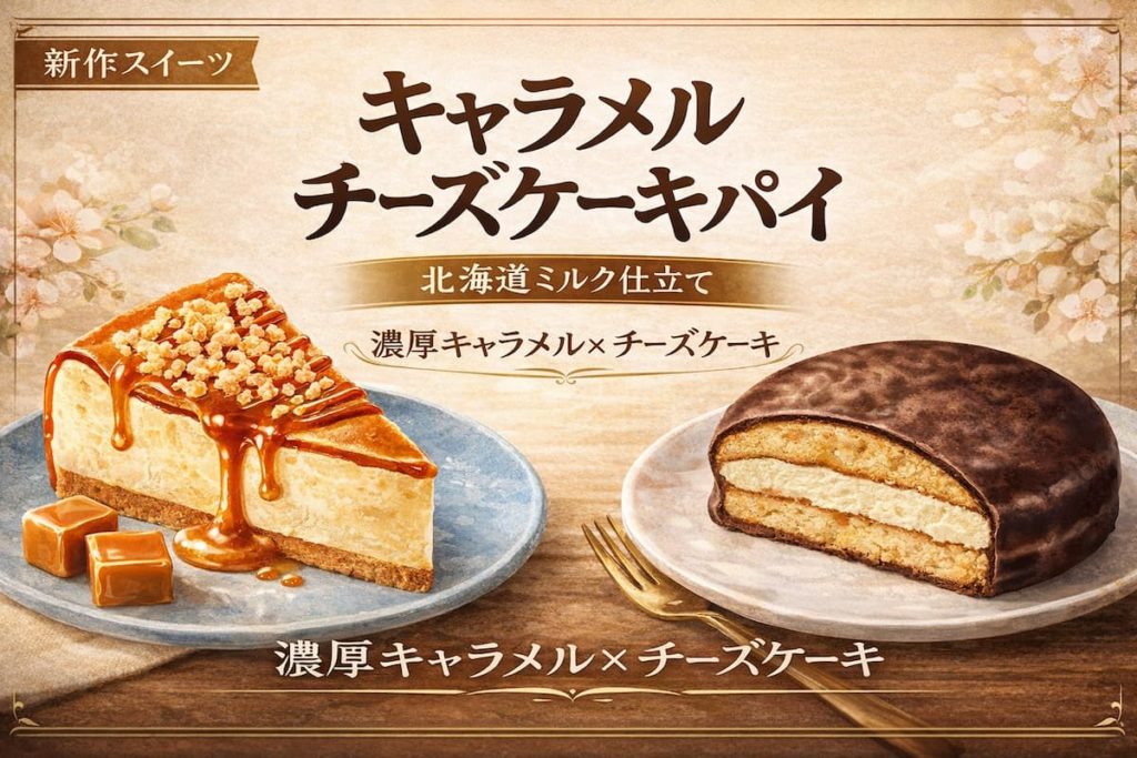 チョコパイ北海道生キャラメルチーズケーキの断面画像｜キャラメルソースとチーズクリームの層が見える新作スイーツ