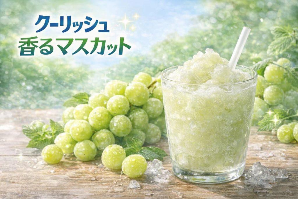 マスカット風味のシャーベットアイスドリンクのイメージ画像｜爽やかでジューシーな味わいを表現したスイーツビジュアル