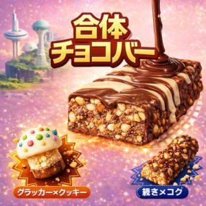 AI発想の合体チョコバーのイメージ。ナッツやパフが詰まった断面とチョココーティングを強調したビジュアル